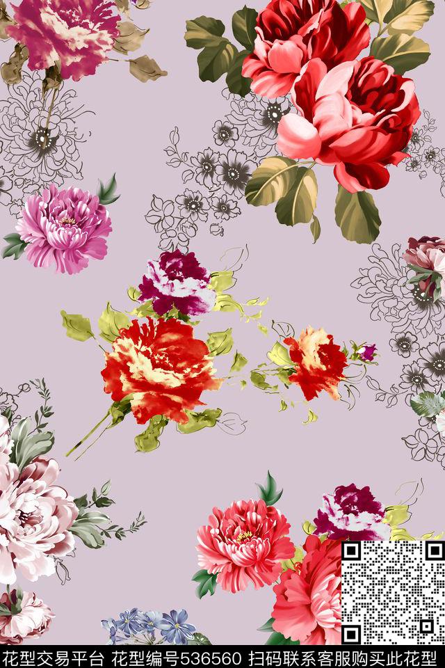 花卉纯色底传统华亿平台数码印花华亿平台下载（图片编号: 536560） - 瓦栏（Walan）
