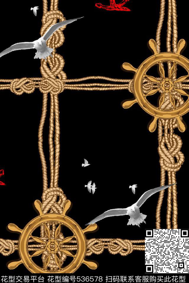 抽象船锚方向盘数码印花华亿平台下载（图片编号: 536578） - 瓦栏（Walan）