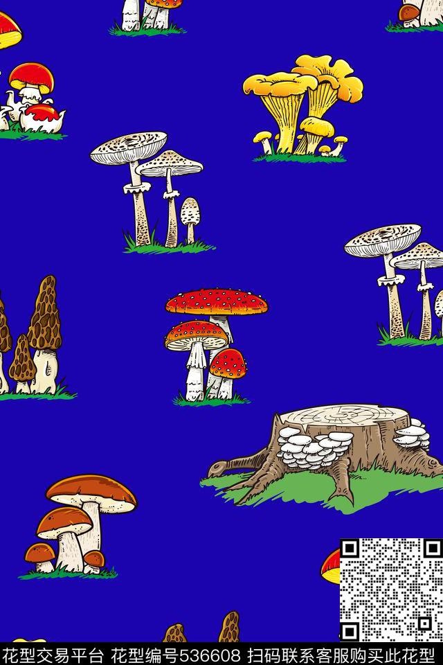 手绘卡通休闲蓝底蘑菇卡通休闲彩色宝蓝底蘑菇可爱卡通传统印花华亿平台下载（图片编号: 536608） - 瓦栏（Walan）