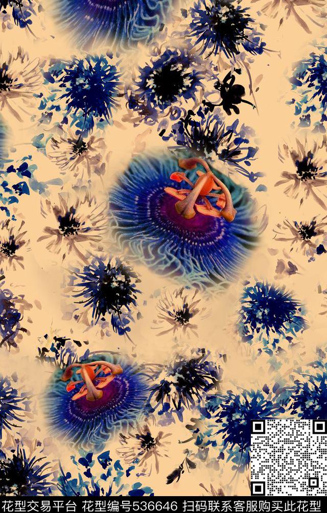 手绘花卉手绘花卉服装中国风青花瓷米底传统印花华亿平台下载（图片编号: 536646） - 瓦栏（Walan）