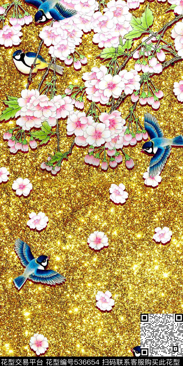古典花卉雀鸟黄金数码印花华亿平台下载（图片编号: 536654） - 瓦栏（Walan）