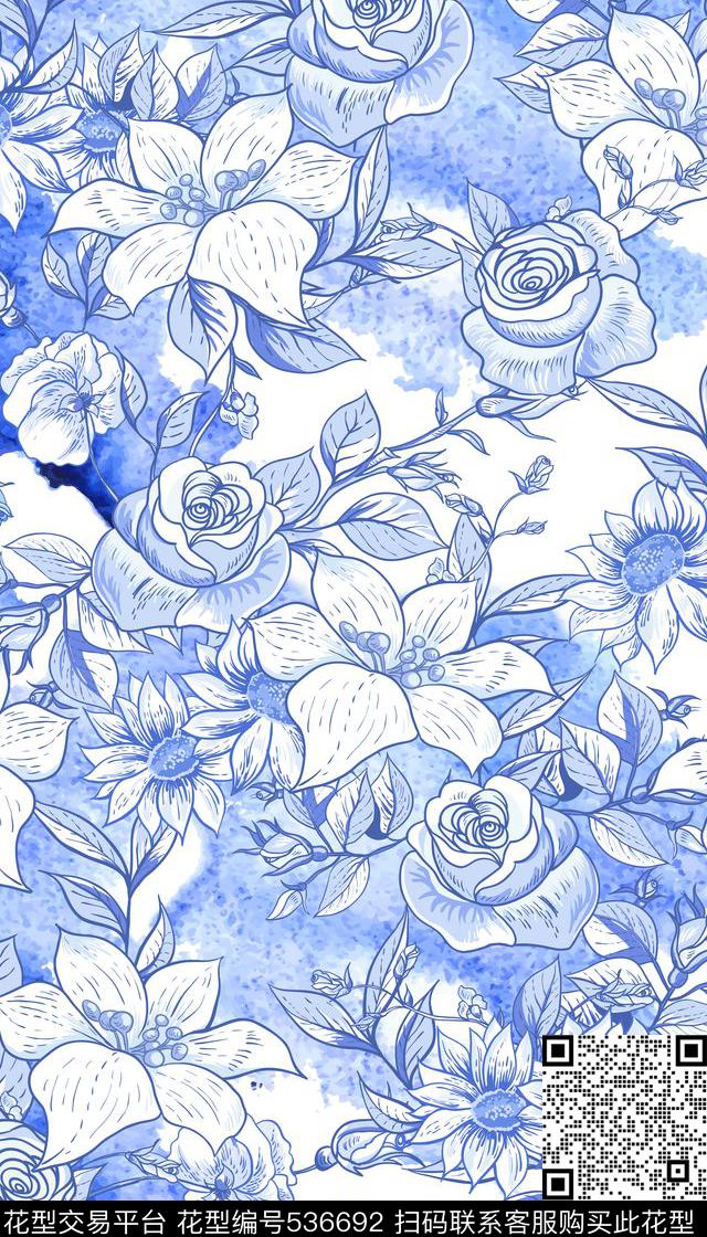 清新手绘花卉手绘叶子数码印花华亿平台下载（图片编号: 536692） - 瓦栏（Walan）