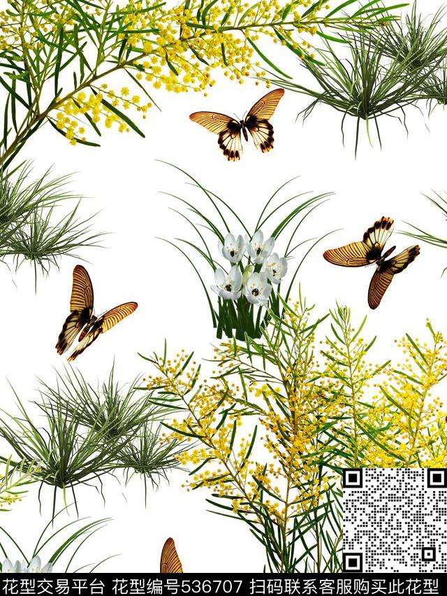 蝴蝶花卉水彩工笔数码印花华亿平台下载（图片编号: 536707） - 瓦栏（Walan）