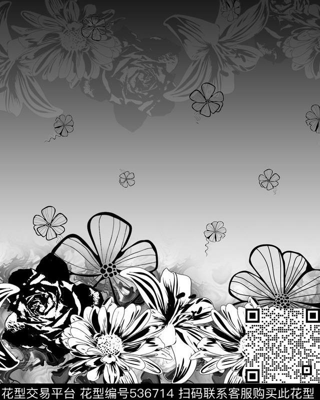 短装定位黑白花卉渐变数码印花华亿平台下载（图片编号: 536714） - 瓦栏（Walan）
