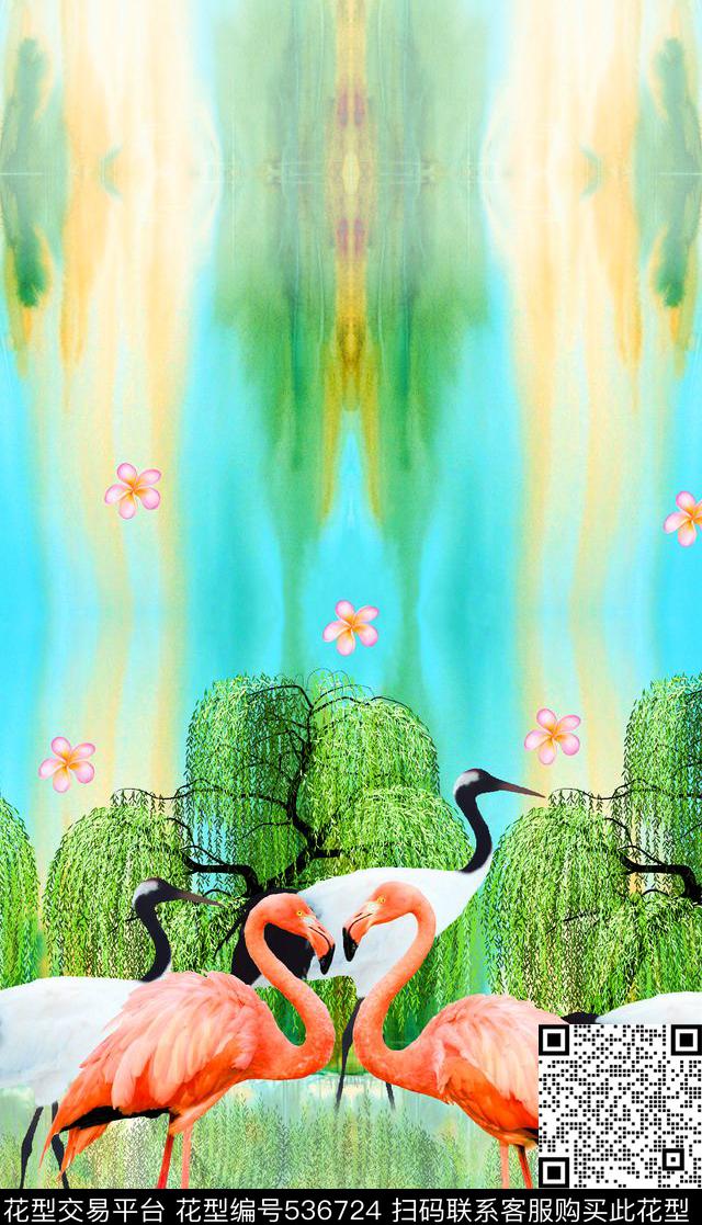 抽象烈火鸟柳树数码印花华亿平台下载（图片编号: 536724） - 瓦栏（Walan）