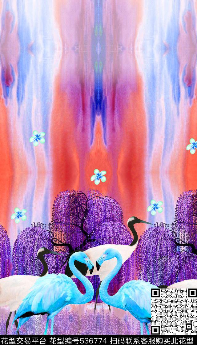 抽象烈火鸟柳树数码印花华亿平台下载（图片编号: 536774） - 瓦栏（Walan）