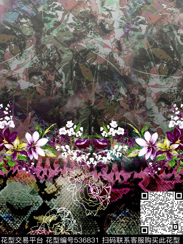 抽象花纹蛇皮花卉复古中老年装数码印花华亿平台下载（图片编号: 536831） - 瓦栏（Walan）