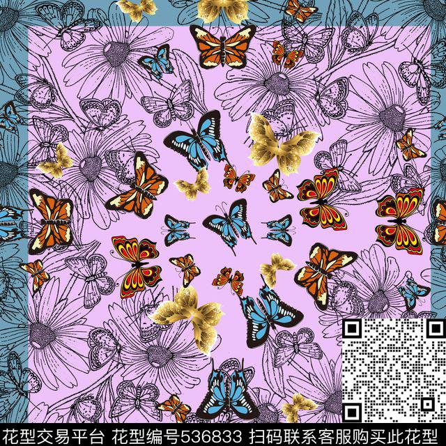 线描花卉蝴蝶花卉数码印花华亿平台下载（图片编号: 536833） - 瓦栏（Walan）