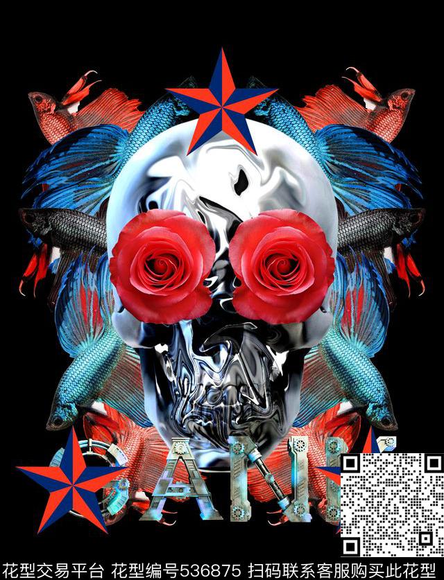 现代抽象骷髅头美丽斗鱼机械字体数码印花华亿平台下载（图片编号: 536875） - 瓦栏（Walan）