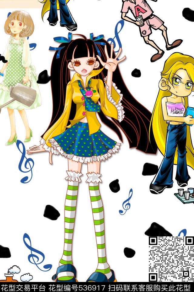 潮流时尚卡通人物女孩传统印花华亿平台下载（图片编号: 536917） - 瓦栏（Walan）