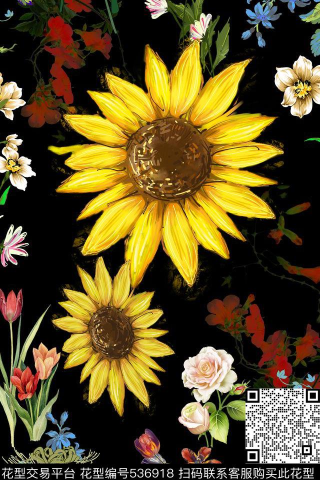 欧款太阳花花卉数码印花华亿平台下载（图片编号: 536918） - 瓦栏（Walan）