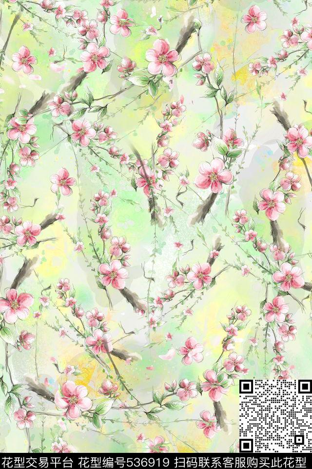 小清新手绘桃花数码印花华亿平台下载（图片编号: 536919） - 瓦栏（Walan）