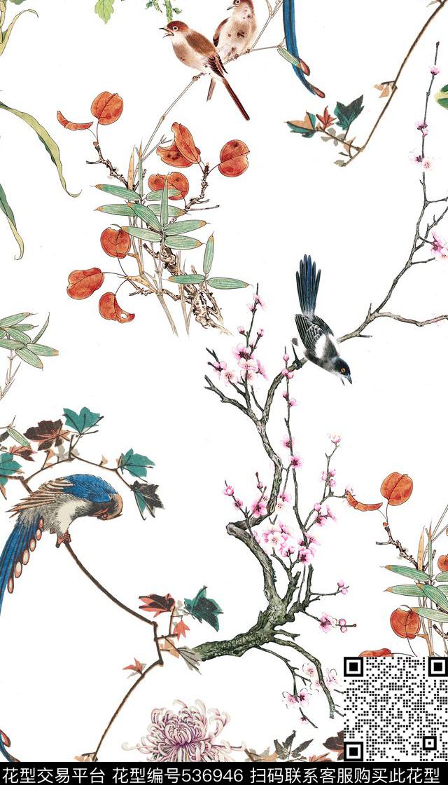 中国风工笔画花鸟数码印花华亿平台下载（图片编号: 536946） - 瓦栏（Walan）