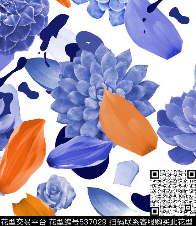 多肉蓝色流行时尚数码印花华亿平台下载（图片编号: 537029） - 瓦栏（Walan）