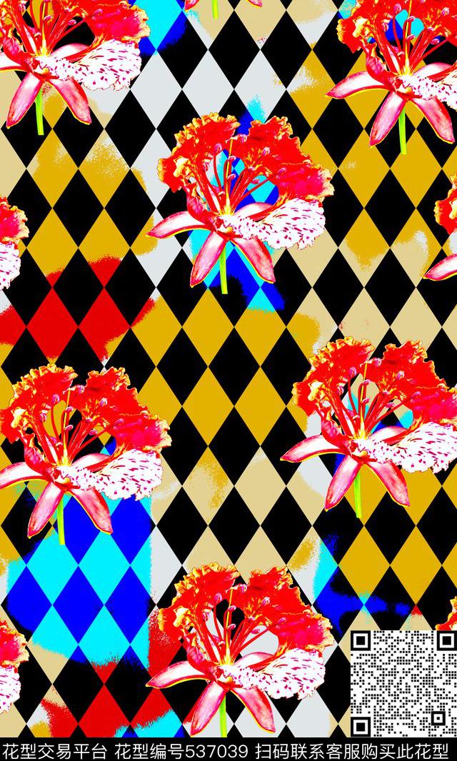 时尚复古格子色块花卉传统印花华亿平台下载（图片编号: 537039） - 瓦栏（Walan）