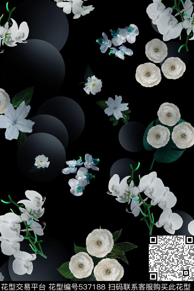 花卉纯色底圆晕数码印花华亿平台下载（图片编号: 537188） - 瓦栏（Walan）