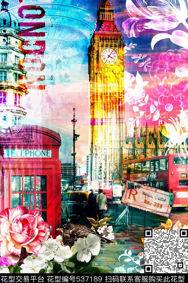 抽象欧美街景英伦风花卉鸟精美男士T恤定位图案数码印花华亿平台下载（图片编号: 537189） - 瓦栏（Walan）