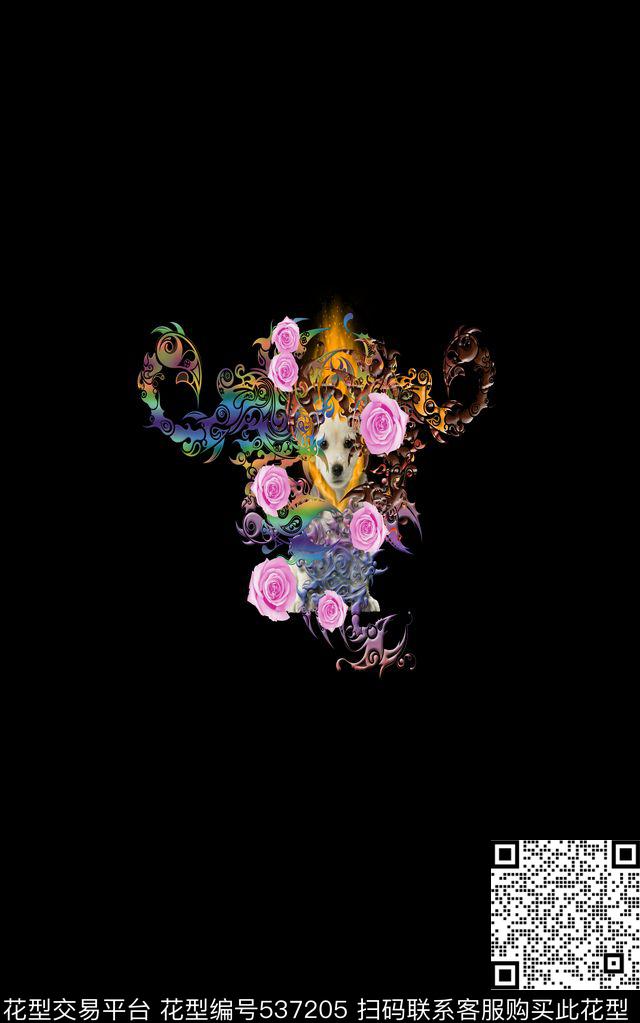 狗火焰蝎子花卉流行时尚潮流服装T恤独幅数码印花华亿平台下载（图片编号: 537205） - 瓦栏（Walan）