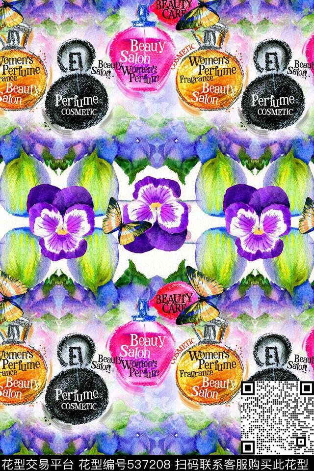 时尚香水瓶花卉数码印花华亿平台下载（图片编号: 537208） - 瓦栏（Walan）
