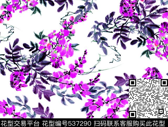 中国风手绘花卉水墨花卉数码印花华亿平台下载（图片编号: 537290） - 瓦栏（Walan）