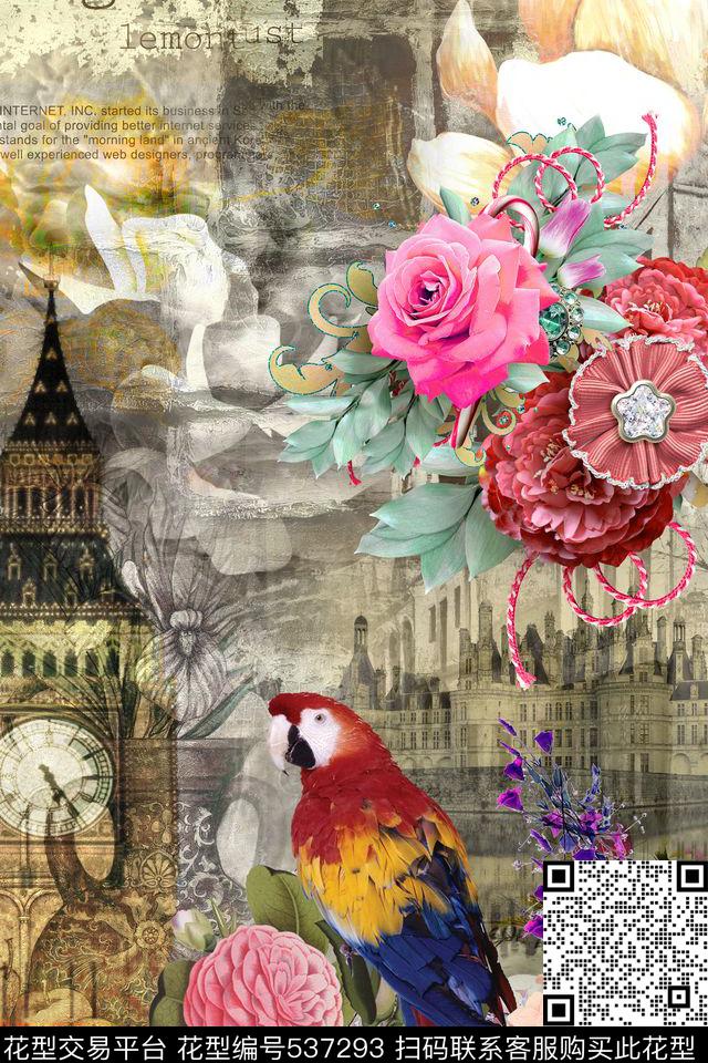复古英伦风大本钟花卉汽车邮票复古海报鹦鹉精美女装T恤定位图案数码印花华亿平台下载（图片编号: 537293） - 瓦栏（Walan）