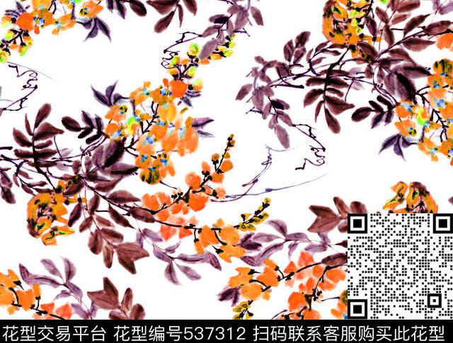 中国风手绘花卉水墨花卉数码印花华亿平台下载（图片编号: 537312） - 瓦栏（Walan）
