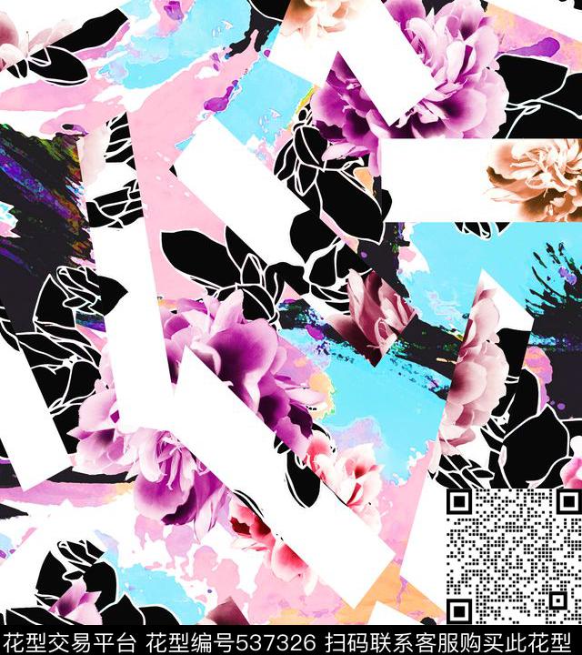 田园风手绘几何玫瑰花卉欧美流行时尚数码印花华亿平台下载（图片编号: 537326） - 瓦栏（Walan）