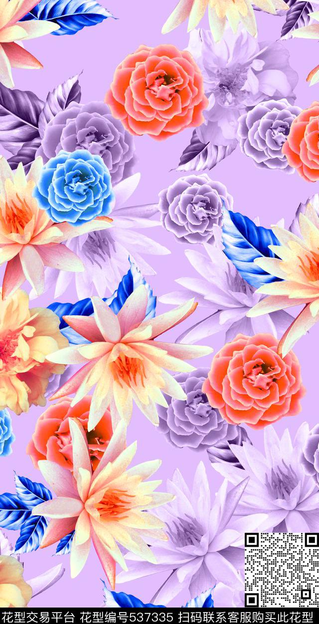 欧美流行时尚手绘荷花玫瑰印花田园风数码印花华亿平台下载（图片编号: 537335） - 瓦栏（Walan）