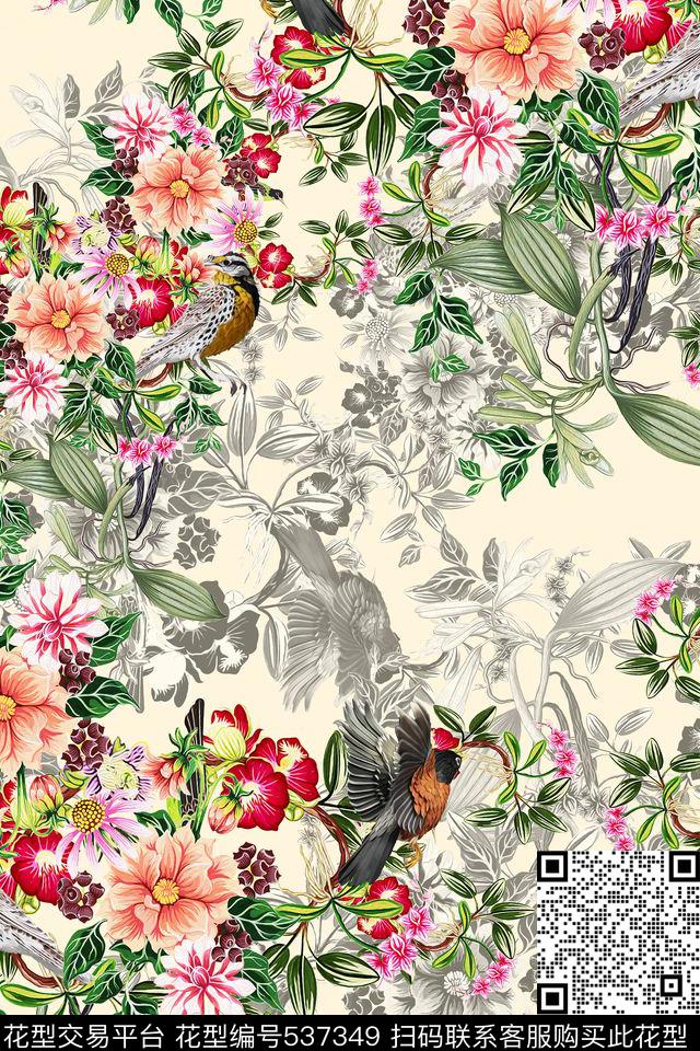 沙发布艺四方连续花鸟植物数码印花华亿平台下载（图片编号: 537349） - 瓦栏（Walan）