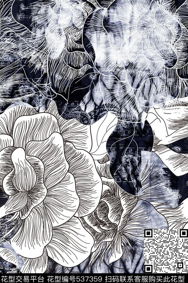 大牌蜡染蓝印花布数码印花华亿平台下载（图片编号: 537359） - 瓦栏（Walan）