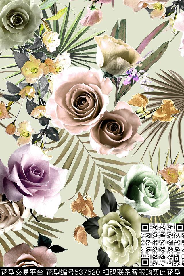 时尚棕榈叶花卉数码印花华亿平台下载（图片编号: 537520） - 瓦栏（Walan）