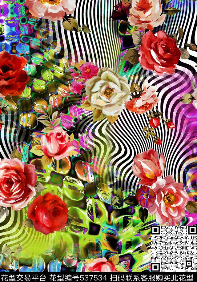 波浪纹花卉数码数码印花华亿平台下载（图片编号: 537534） - 瓦栏（Walan）