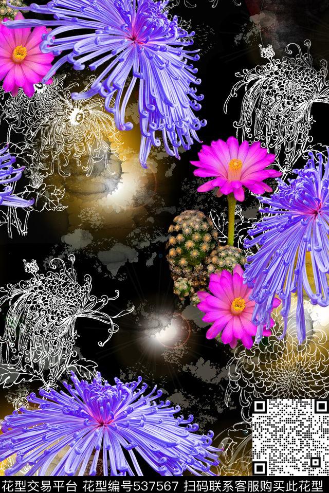抽象菊花水墨纹理数码印花华亿平台下载（图片编号: 537567） - 瓦栏（Walan）
