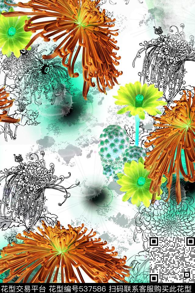 抽象菊花水墨纹理数码印花华亿平台下载（图片编号: 537586） - 瓦栏（Walan）