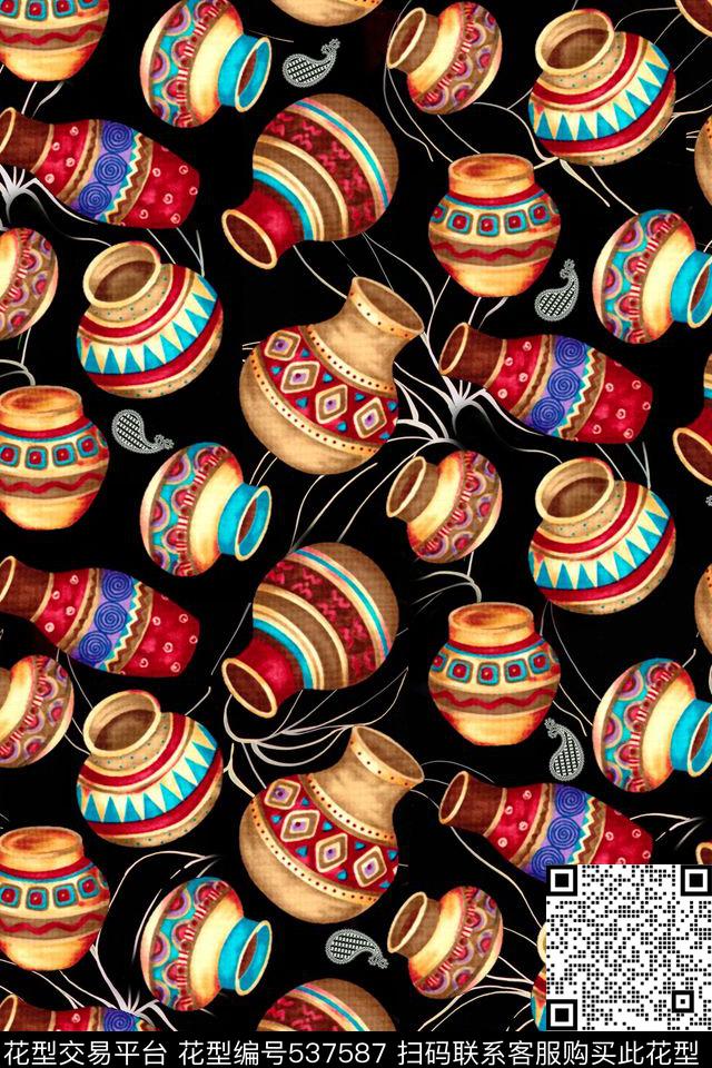 民族风陶罐腰果数码印花华亿平台下载（图片编号: 537587） - 瓦栏（Walan）