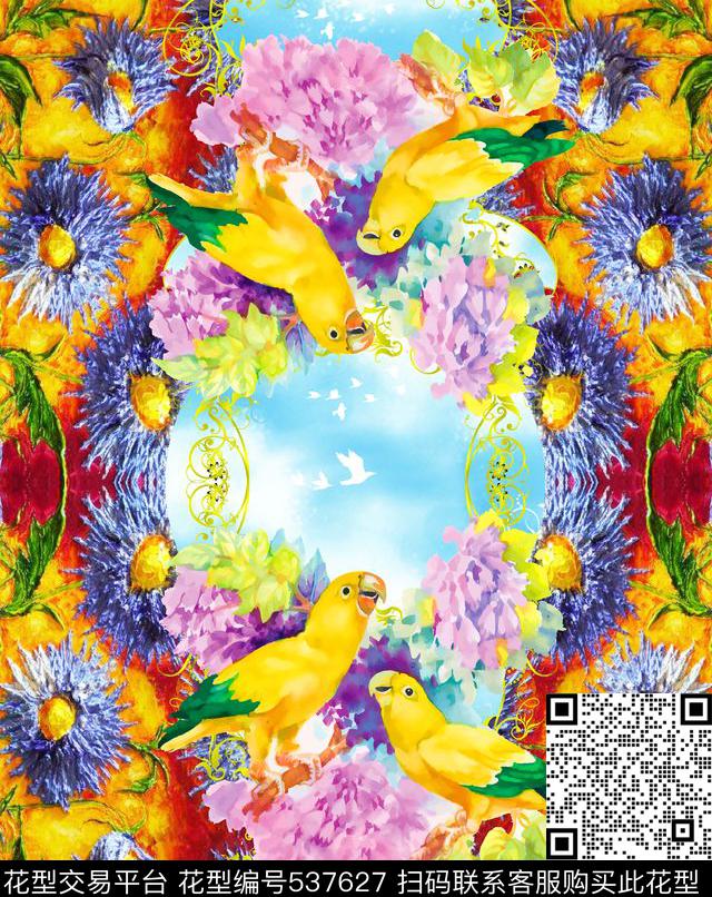 抽象油画花鸟数码印花华亿平台下载（图片编号: 537627） - 瓦栏（Walan）