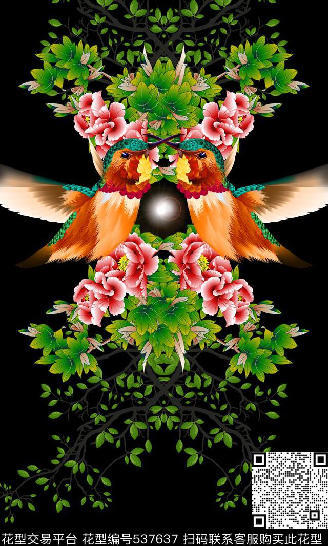 抽象牡丹花鸟数码印花华亿平台下载（图片编号: 537637） - 瓦栏（Walan）