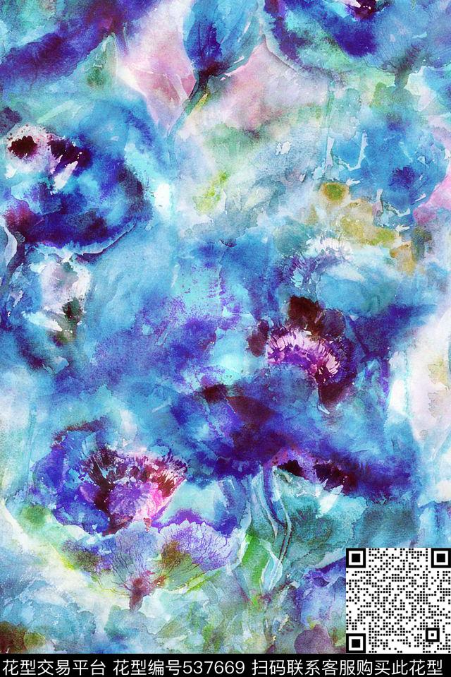 蓝色大花女装连衣裙沙发布数码印花华亿平台下载（图片编号: 537669） - 瓦栏（Walan）