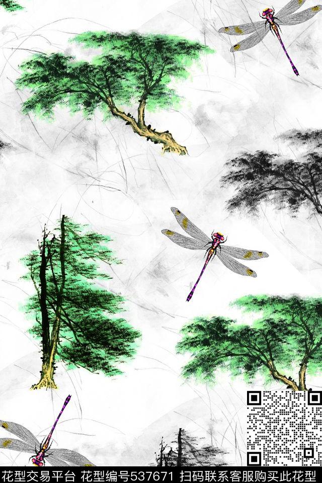 抽象蜻蜓树木数码印花华亿平台下载（图片编号: 537671） - 瓦栏（Walan）