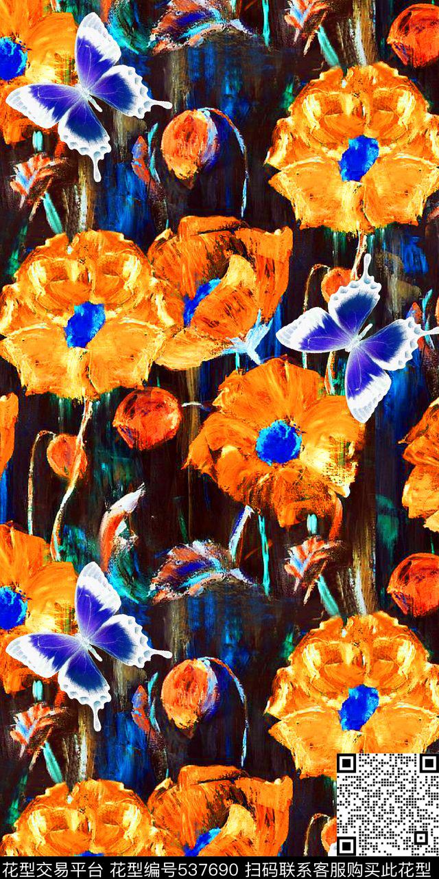 油画花卉蝴蝶数码印花华亿平台下载（图片编号: 537690） - 瓦栏（Walan）
