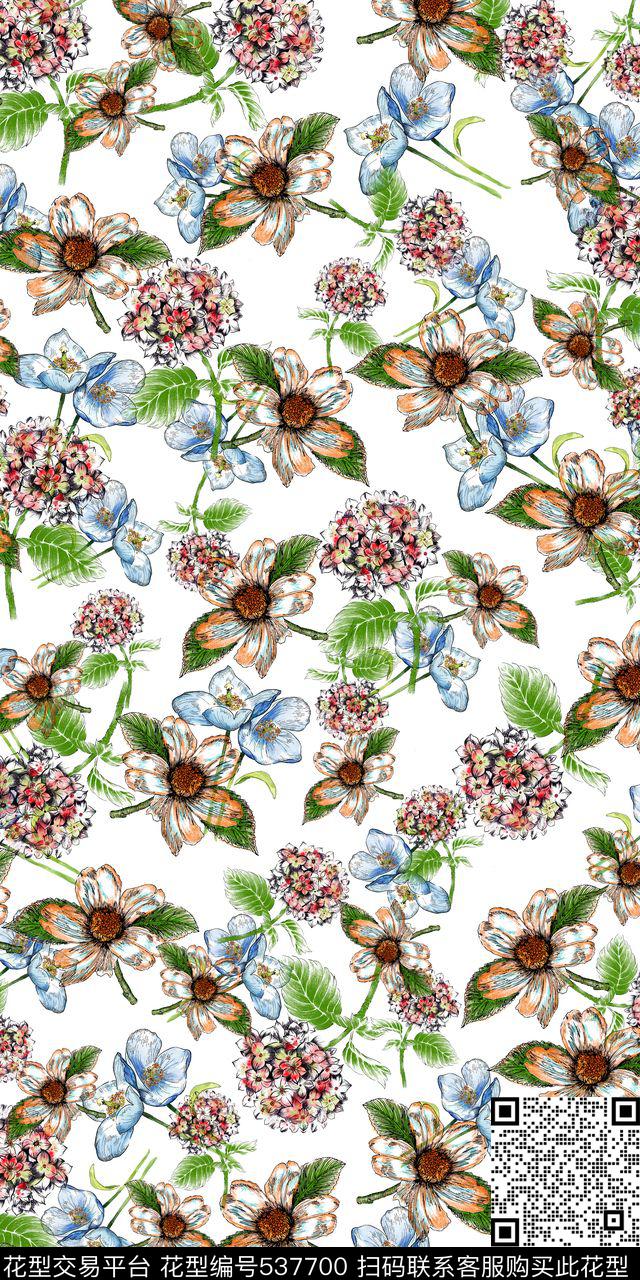 小清新手绘花朵数码印花华亿平台下载（图片编号: 537700） - 瓦栏（Walan）