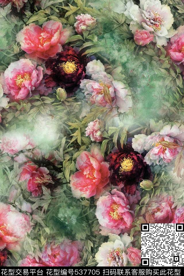 国画富贵牡丹旗袍连衣裙朦胧感层次叶子数码印花华亿平台下载（图片编号: 537705） - 瓦栏（Walan）