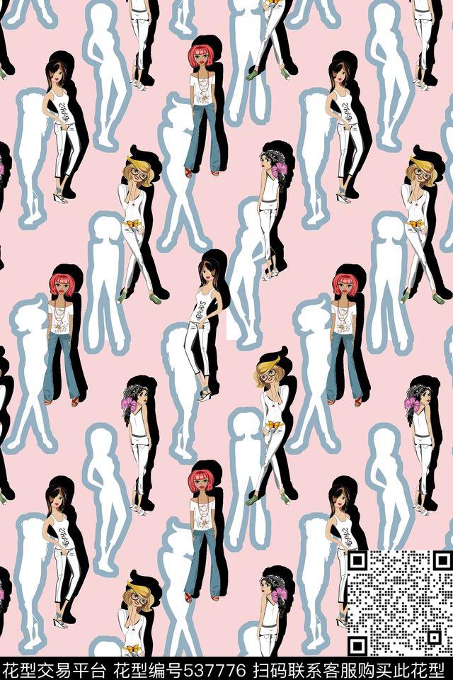 纯色底卡通美女数码印花华亿平台下载（图片编号: 537776） - 瓦栏（Walan）