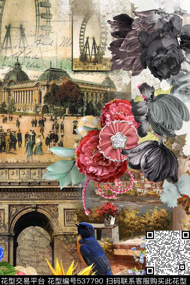 复古英伦风精美男女装T恤定位图案凯旋门欧美建筑花卉汽车邮票复古海报鸟数码印花华亿平台下载（图片编号: 537790） - 瓦栏（Walan）