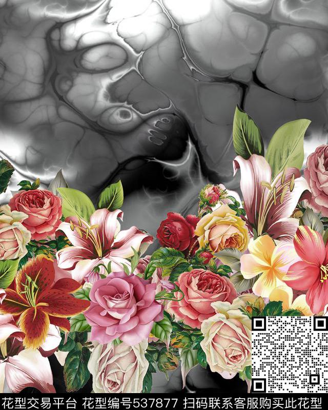 大朵花卉组合黑白底纹短装定位数码印花华亿平台下载（图片编号: 537877） - 瓦栏（Walan）