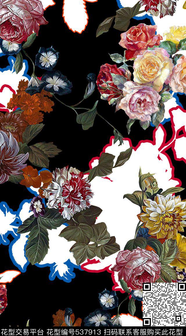 黑白描边底纹数码印花华亿平台下载（图片编号: 537913） - 瓦栏（Walan）