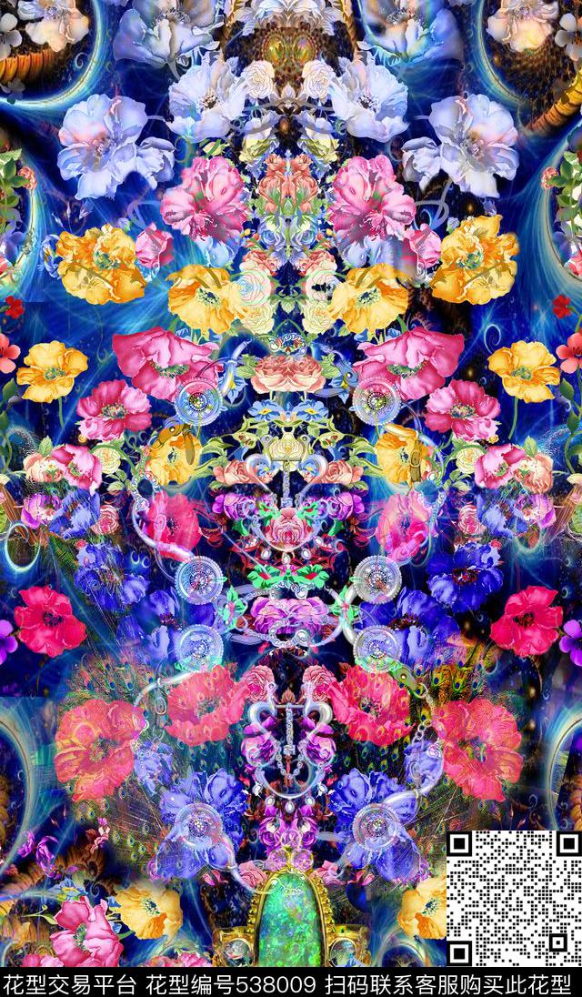 欧式宫廷花卉。乡村围栏。祖母绿松石、纹样数码印花华亿平台下载（图片编号: 538009） - 瓦栏（Walan）