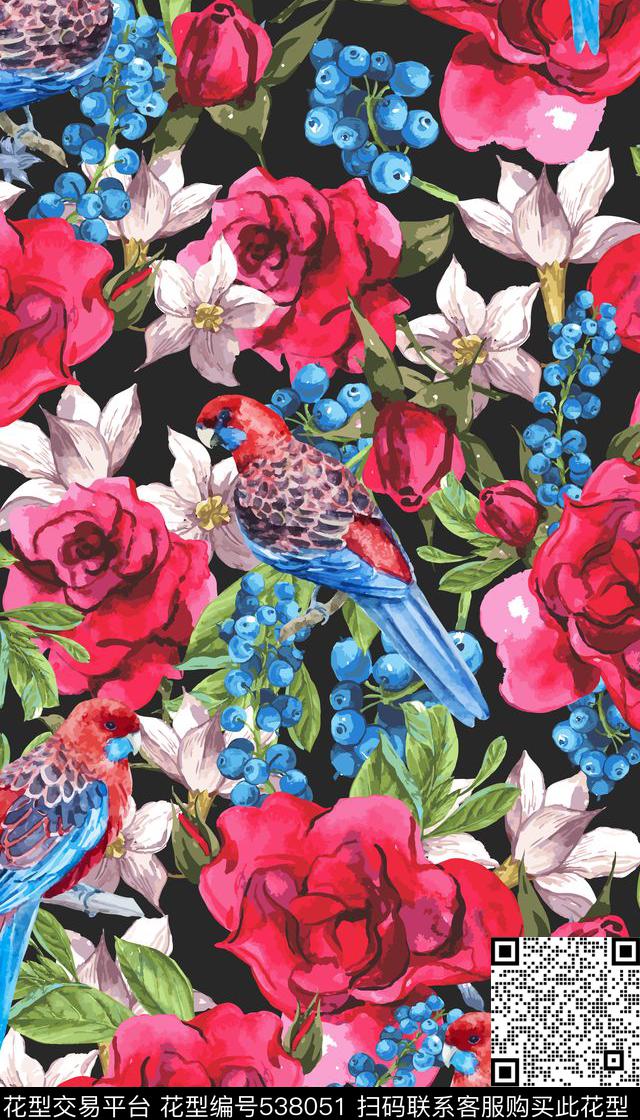 时尚水彩花卉鹦鹉数码印花华亿平台下载（图片编号: 538051） - 瓦栏（Walan）