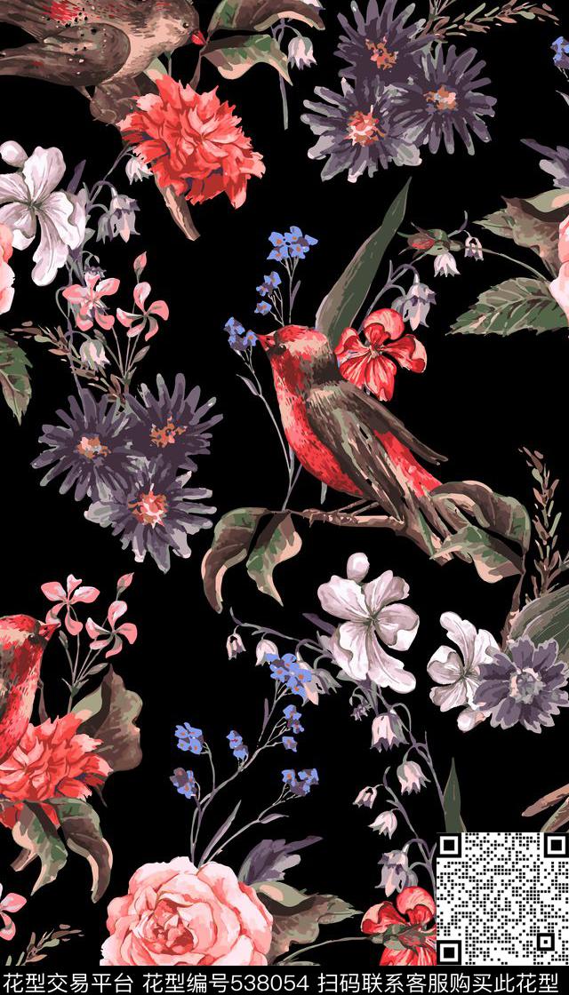 时尚复古花卉小鸟数码印花华亿平台下载（图片编号: 538054） - 瓦栏（Walan）