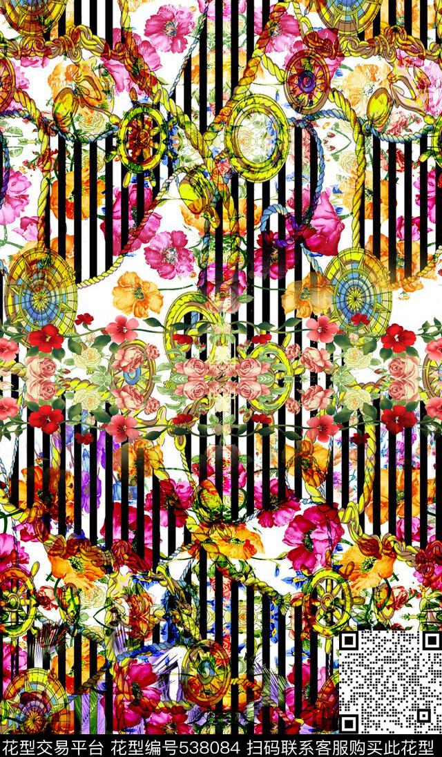 流行时尚罗盘。滚绳。花卉。条纹数码印花华亿平台下载（图片编号: 538084） - 瓦栏（Walan）